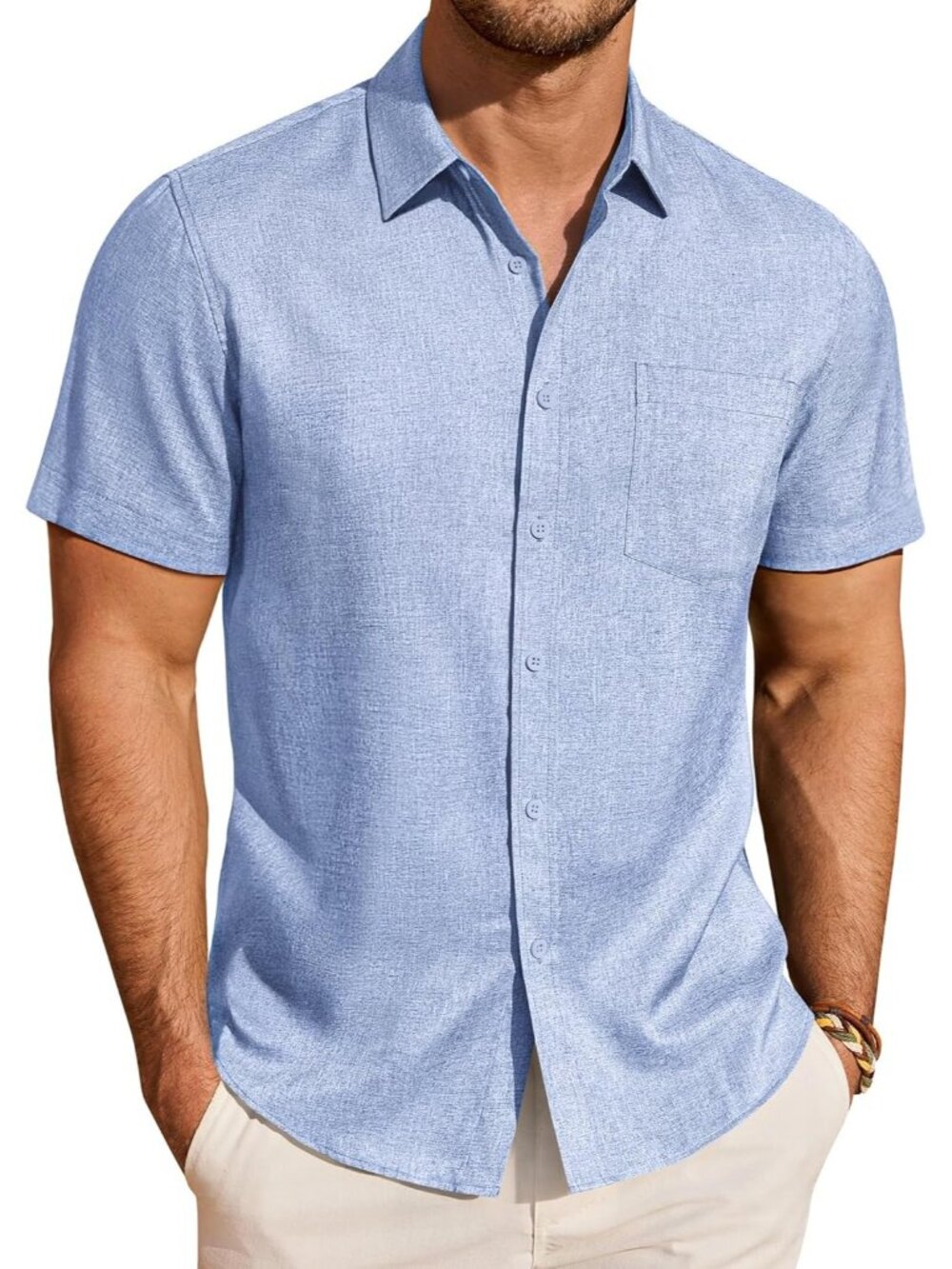 Men Light Blue Short Sleeve Untucked Casual Wrinkle Free Linen Button Down Shirt